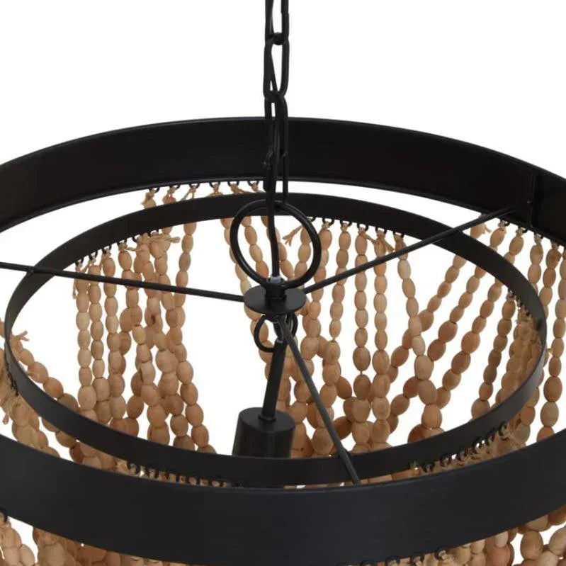 Black metal and wooden bead chandelier with chain detail, close up of hanging light fixture