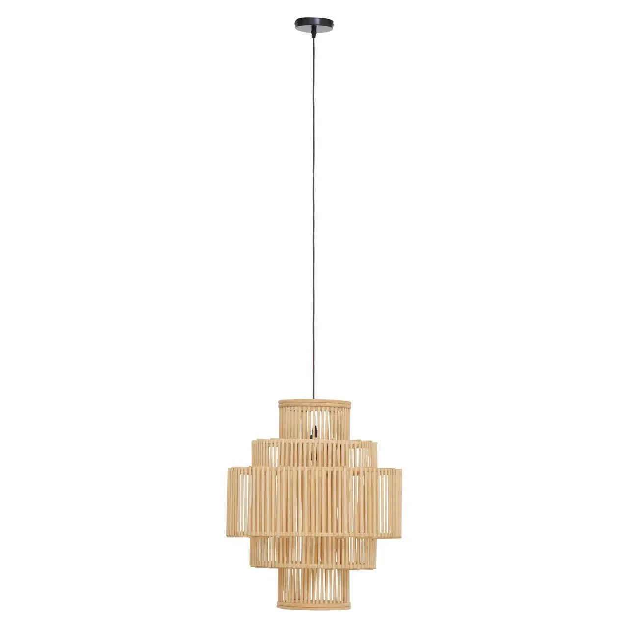 Natural wooden pendant ceiling light with tiered slatted design and black hanging cord