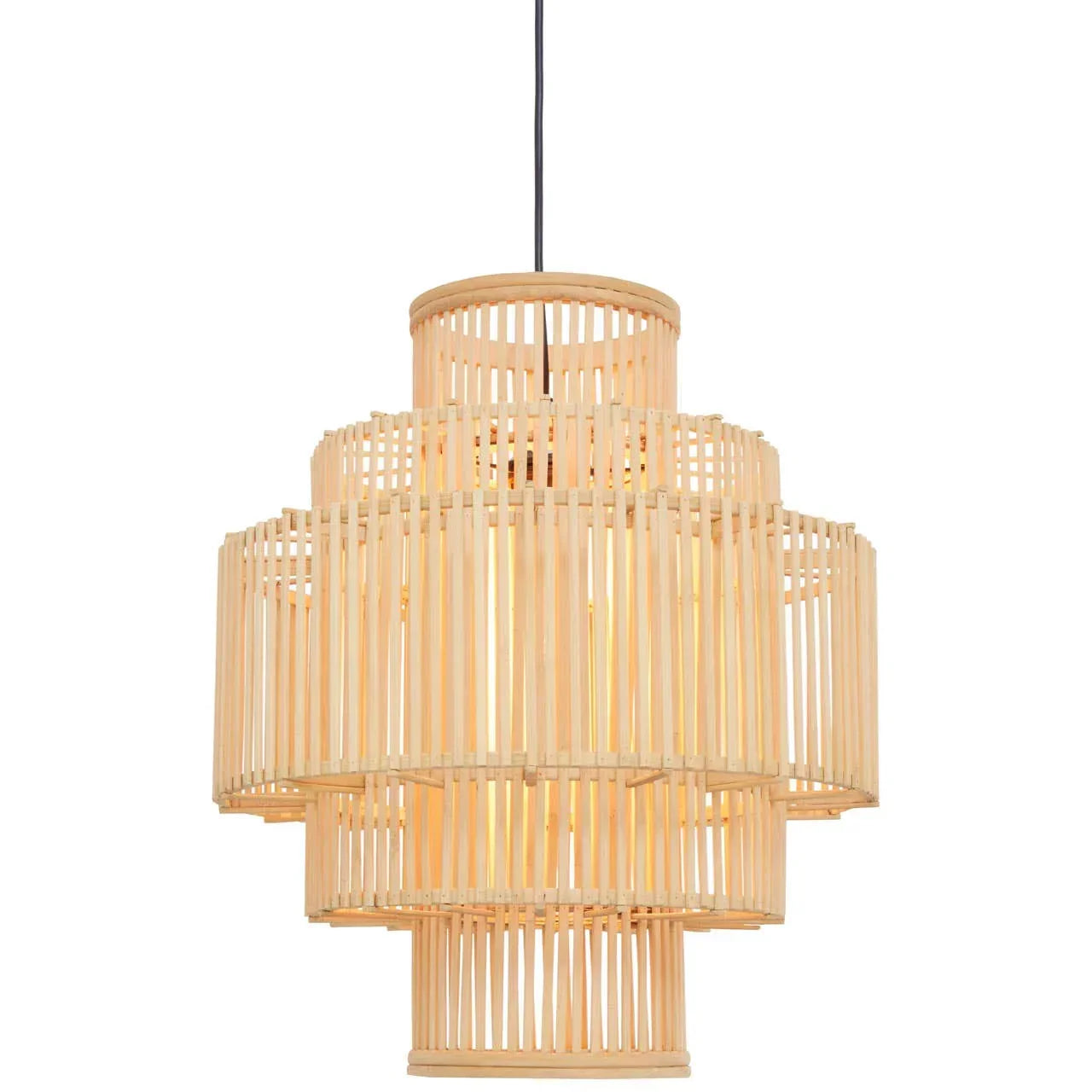 Natural bamboo pendant light with tiered cylindrical frame and warm glow