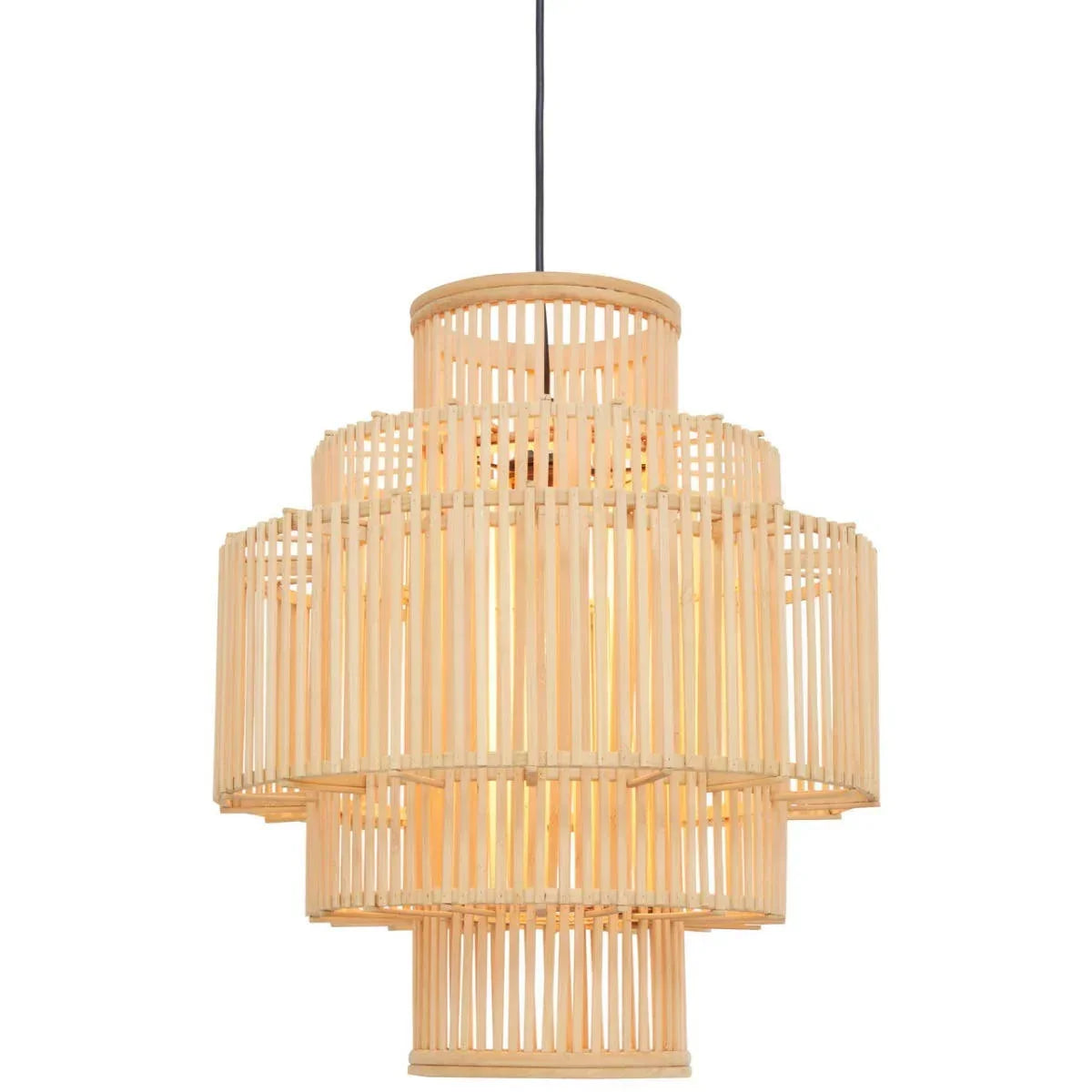 Natural rattan pendant light with layered slatted design and warm glow, front view