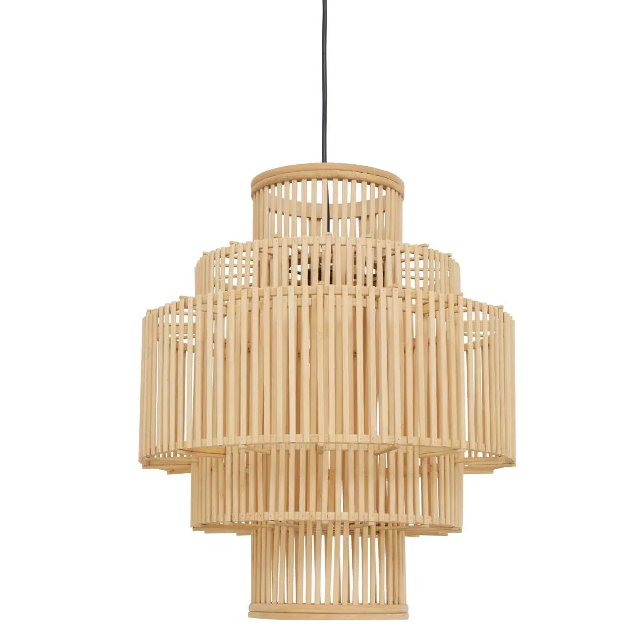 Natural bamboo pendant light with layered geometric frame and black cable
