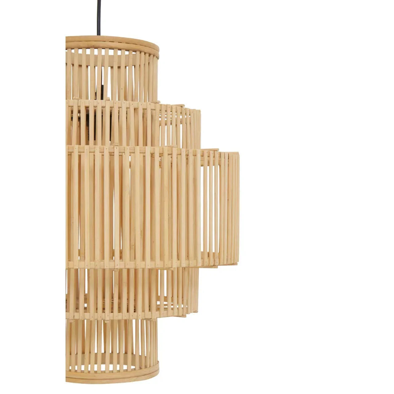 Natural rattan pendant light with tiered cylindrical frame and open weave design