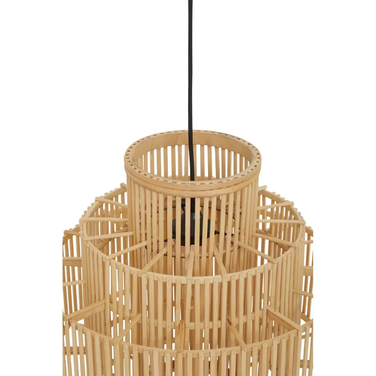Natural bamboo pendant light with geometric open-weave design and black ceiling cord
