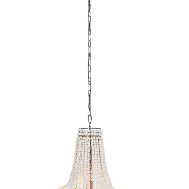White beaded chandelier pendant light with metal chain and warm interior lighting