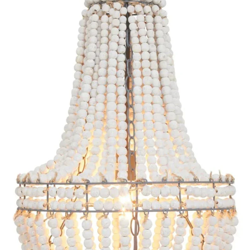 White wood bead chandelier with metal frame and hanging chain, lit from within