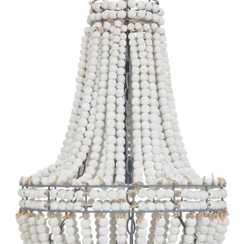 White beaded chandelier with tiered wooden beads and metal frame, hanging pendant light