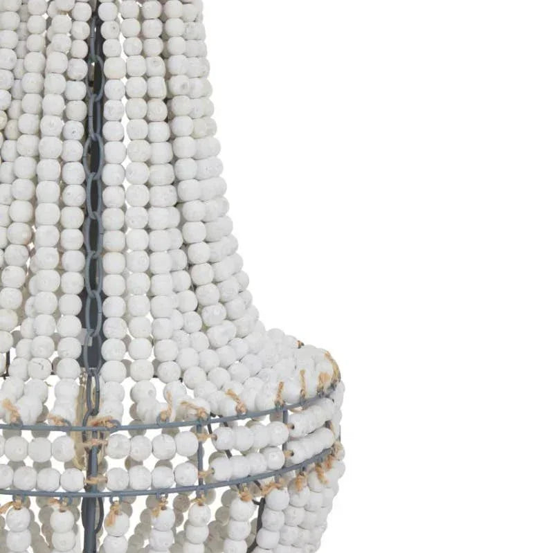 White bead chandelier with curved tiers and metal frame, close-up view