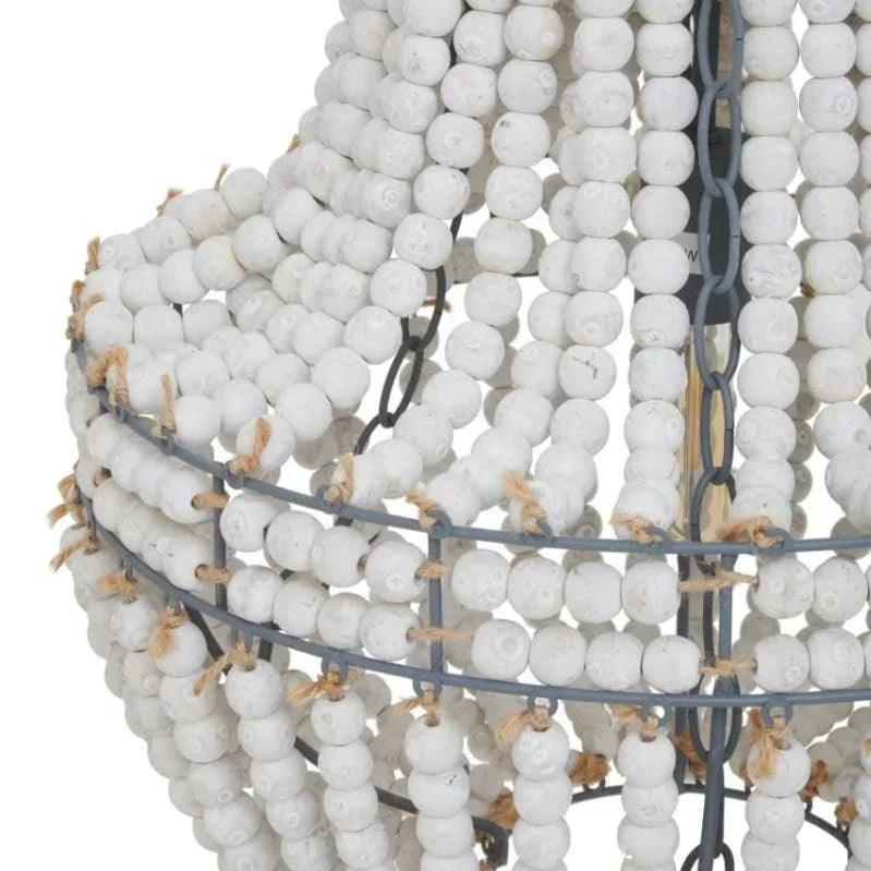 White wooden bead chandelier with metal frame close-up