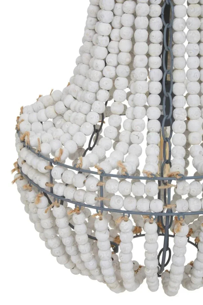 White wooden bead chandelier with metal frame close-up