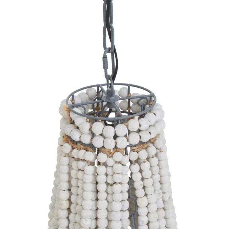 White wooden bead chandelier with chain suspension, close-up of top section