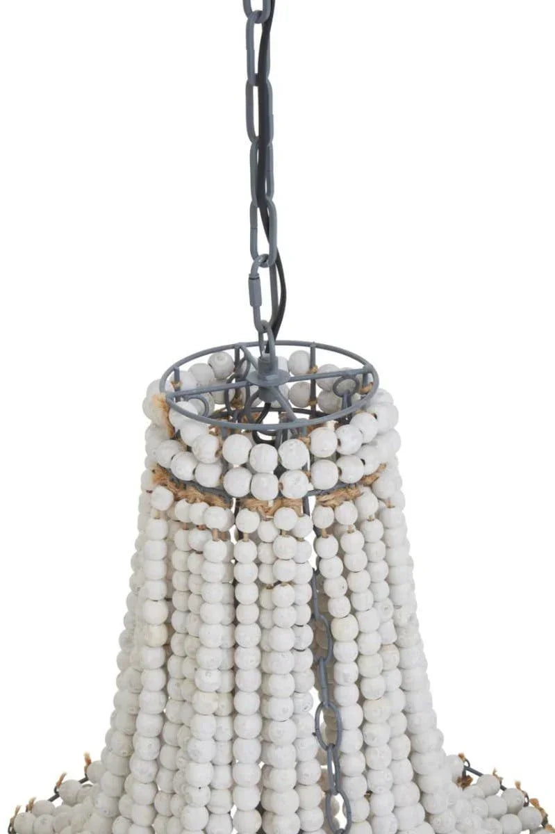 White wooden bead chandelier with chain suspension, close-up of top section