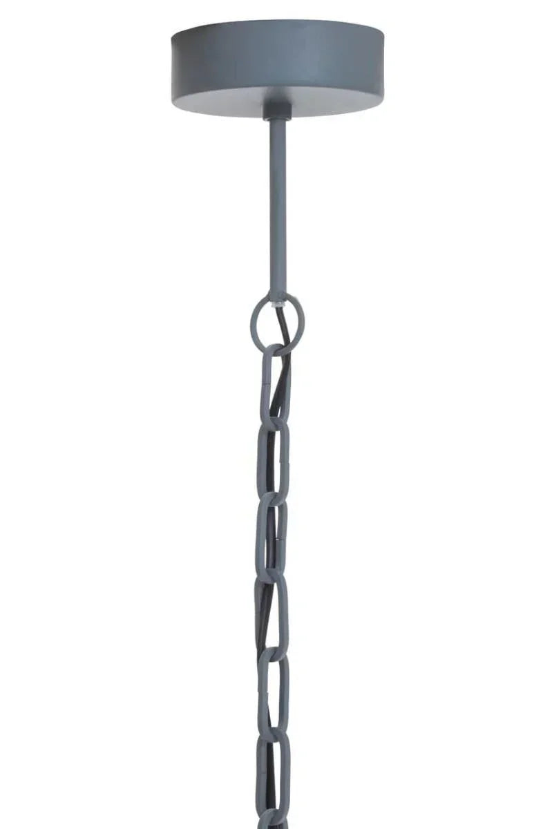 Matte grey metal ceiling chain fitting for pendant light fixture, close-up view