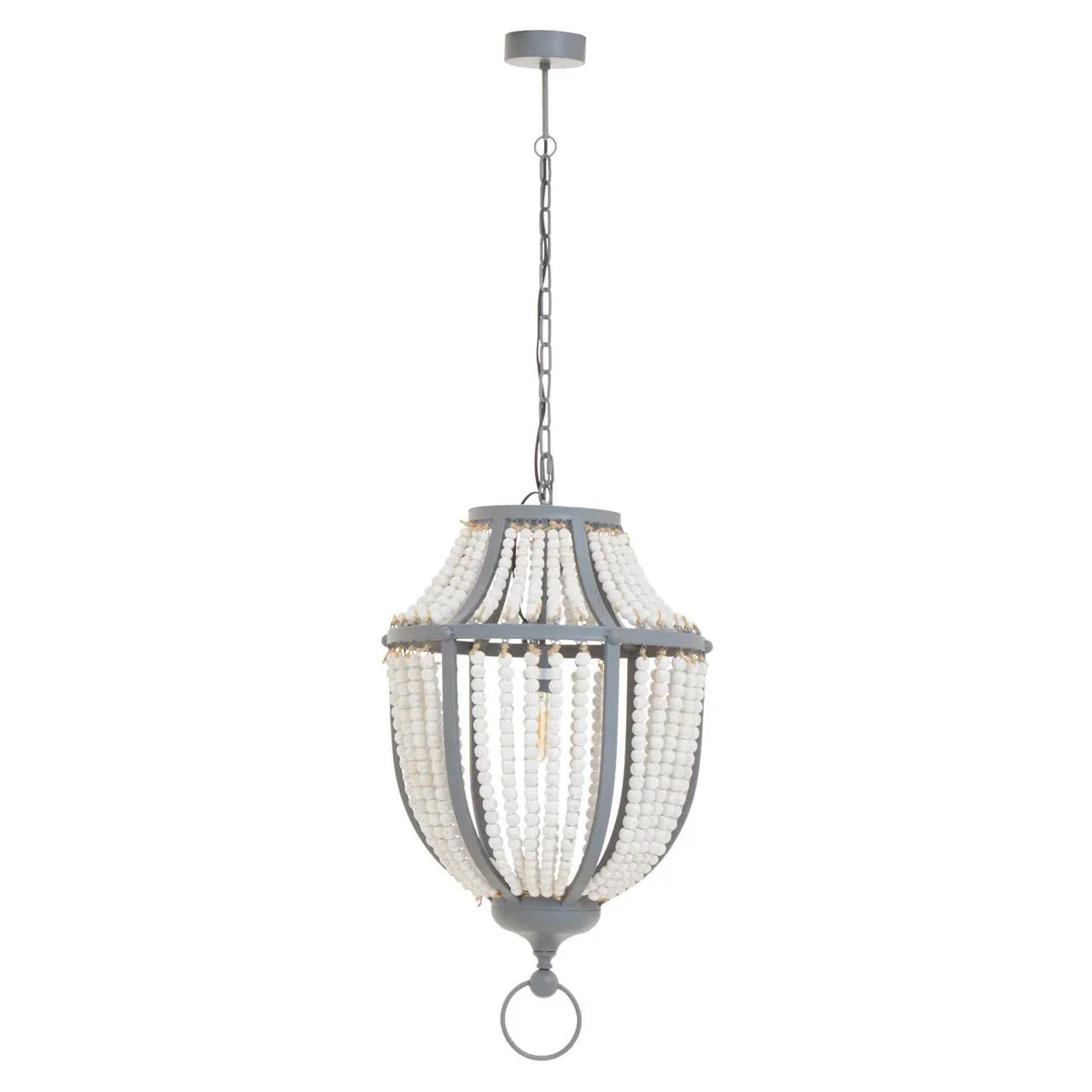Grey metal chandelier with white beaded strands and hanging chain, pendant lighting