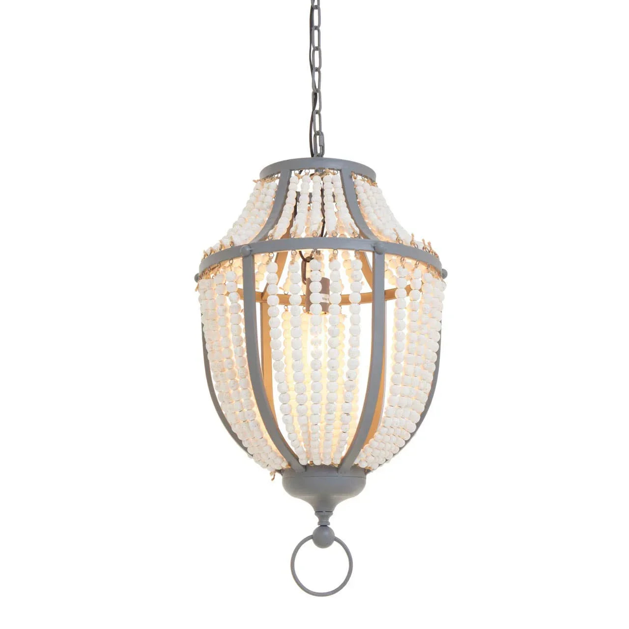 Beaded pendant ceiling light with grey metal frame and hanging chain