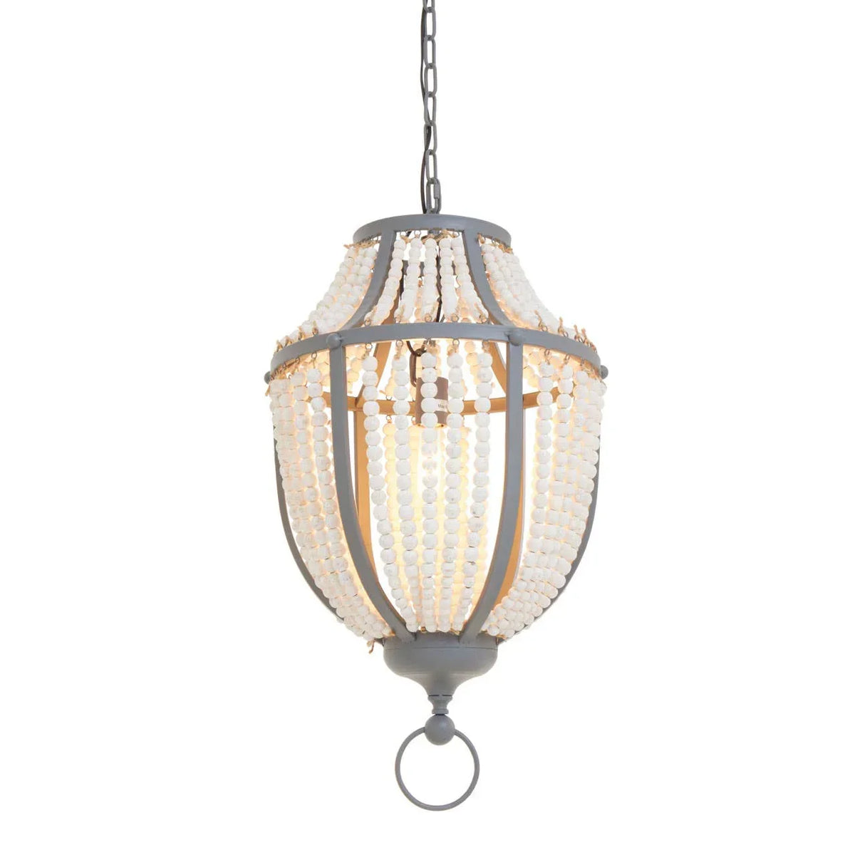 Beaded pendant ceiling light with grey metal frame and hanging chain