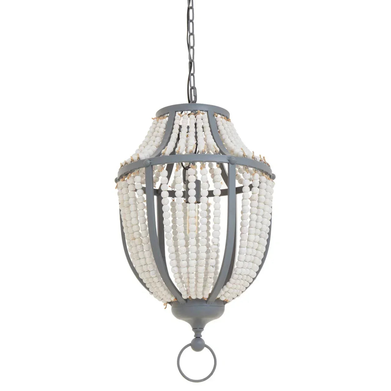 Grey metal chandelier with white beaded strands and hanging chain for ceiling lighting