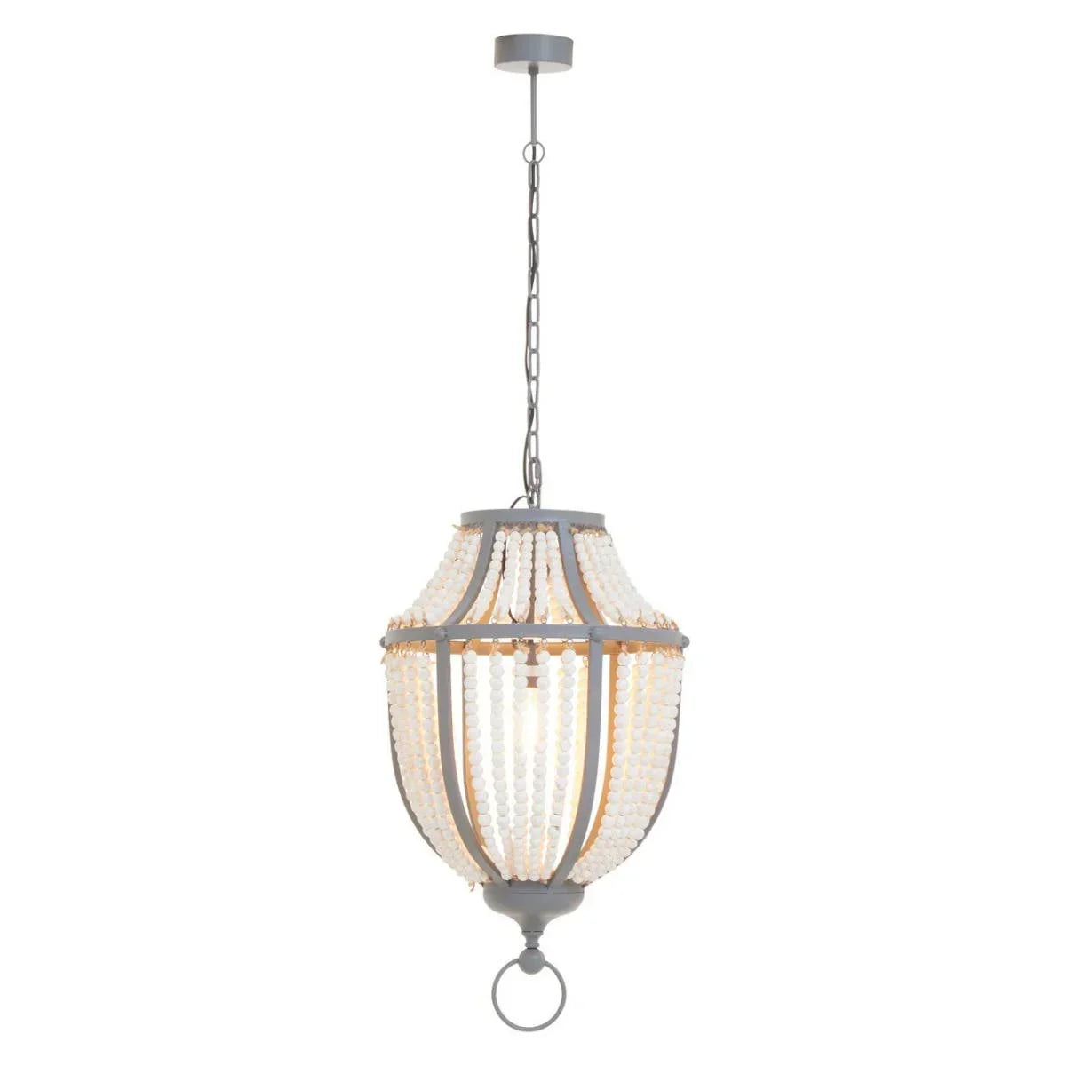 Pendant ceiling light with white beaded strands and grey metal frame