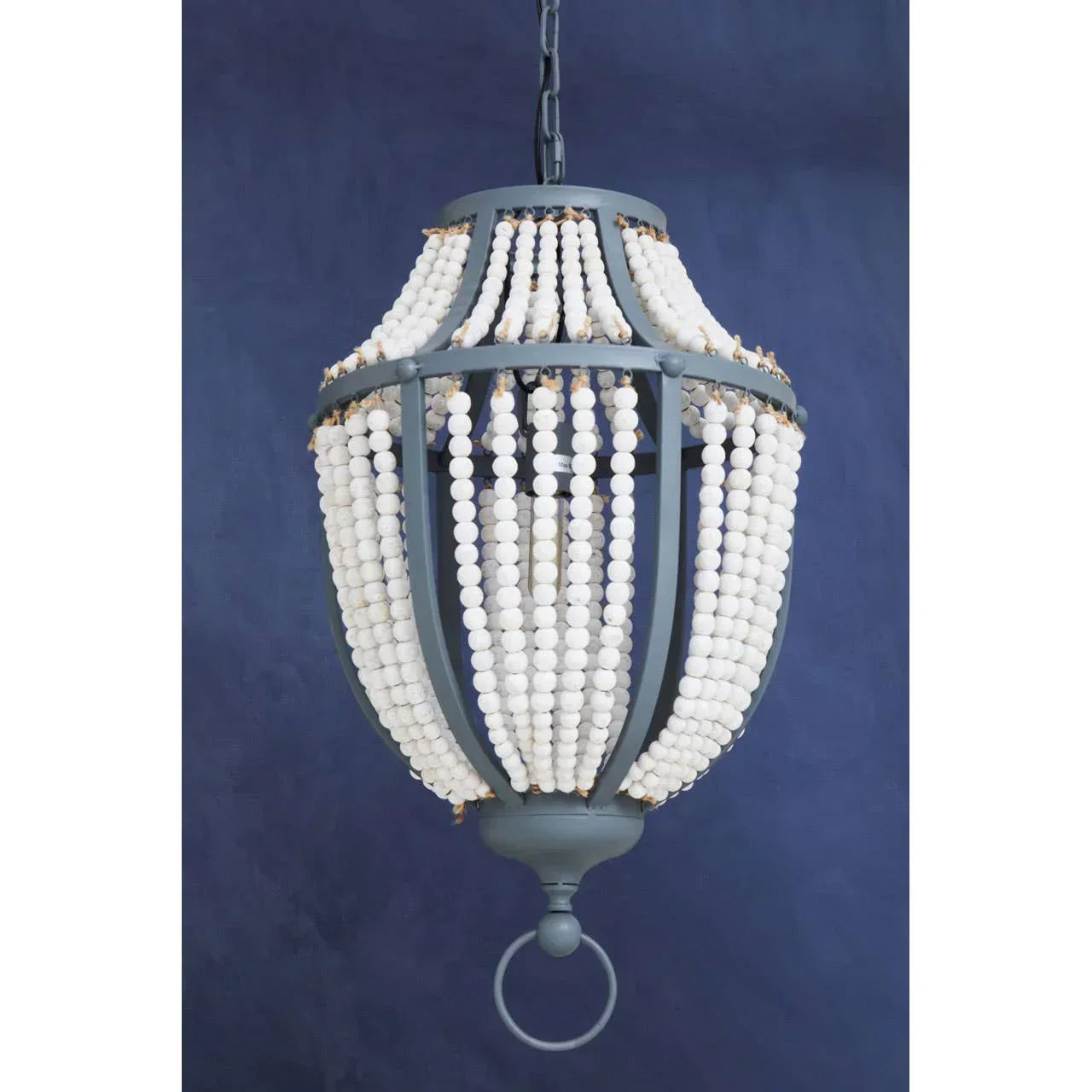 Grey beaded chandelier pendant light with white wooden beads and metal frame