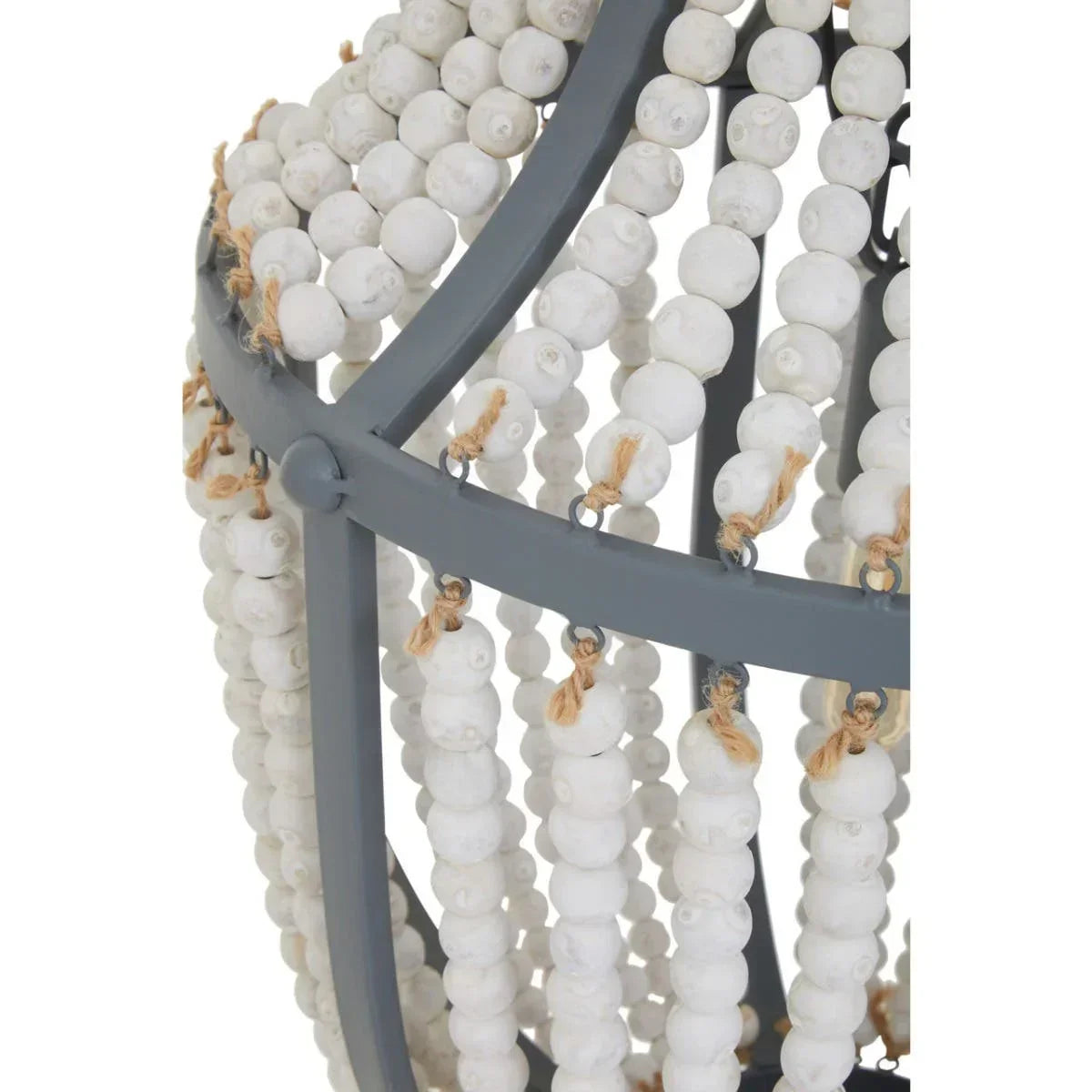 Closeup of beaded chandelier frame with white wooden beads and dark grey metal structure
