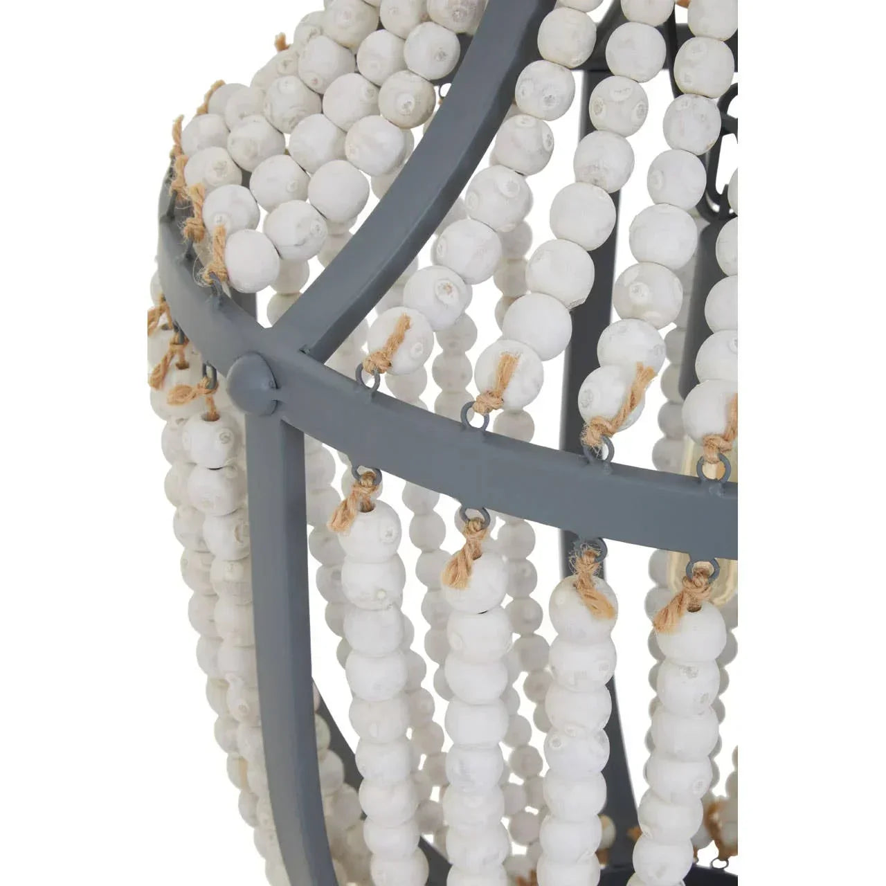 Wood bead pendant light with black metal frame, close view of hanging beads and details