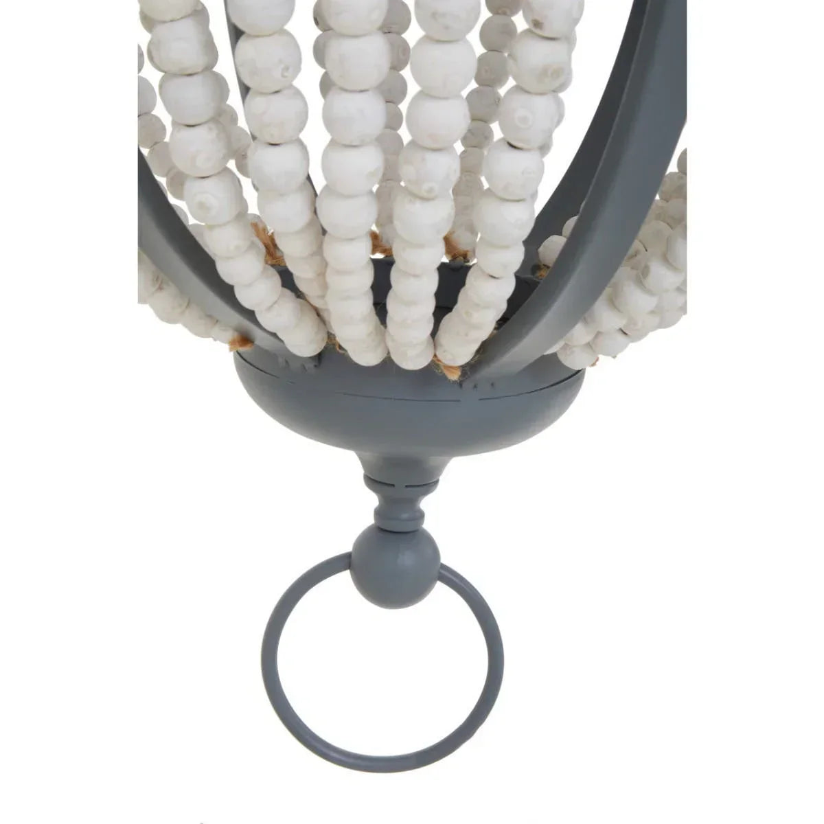 Close-up of grey chandelier base with white wooden beads and metal ring accent