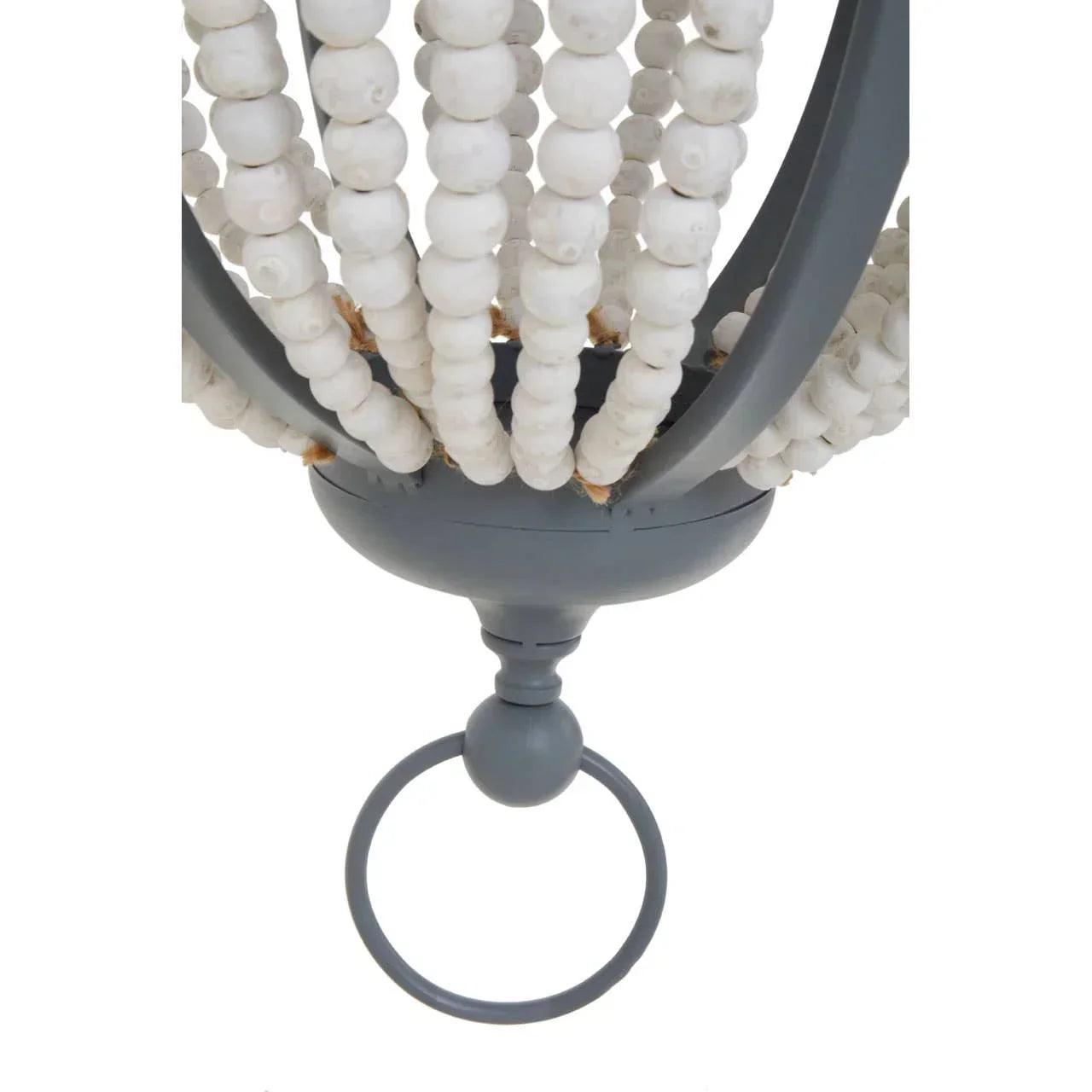 Close view of beaded chandelier with white wooden beads and grey metal ring accent