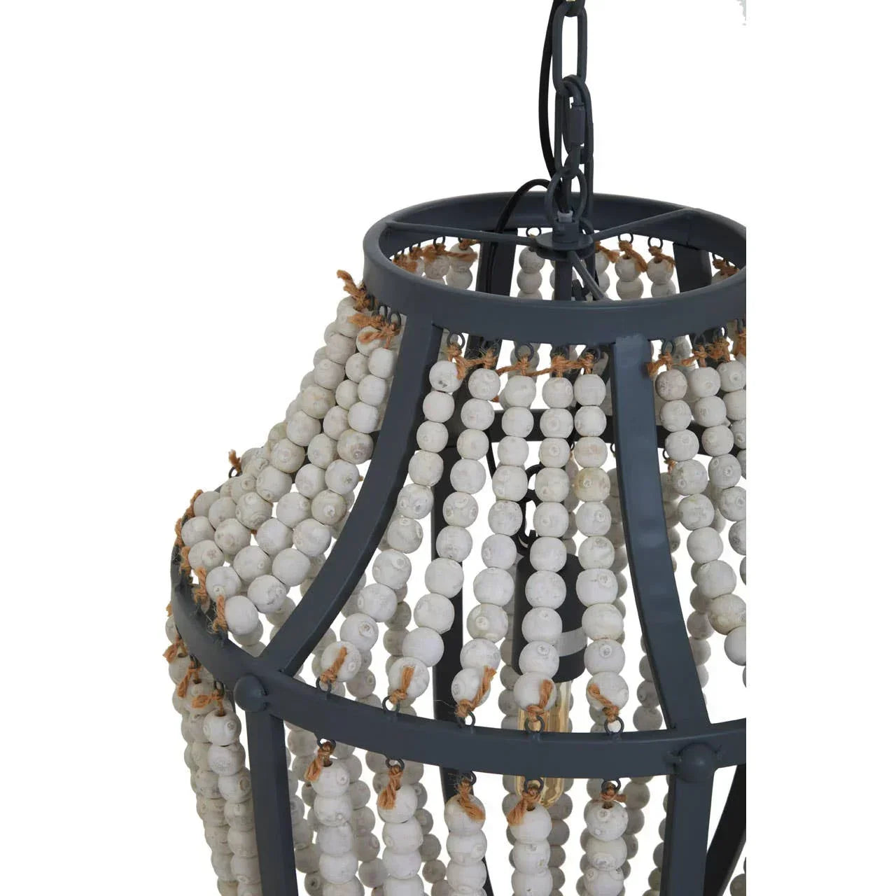 White beaded chandelier with metal frame in dark grey finish, close-up view