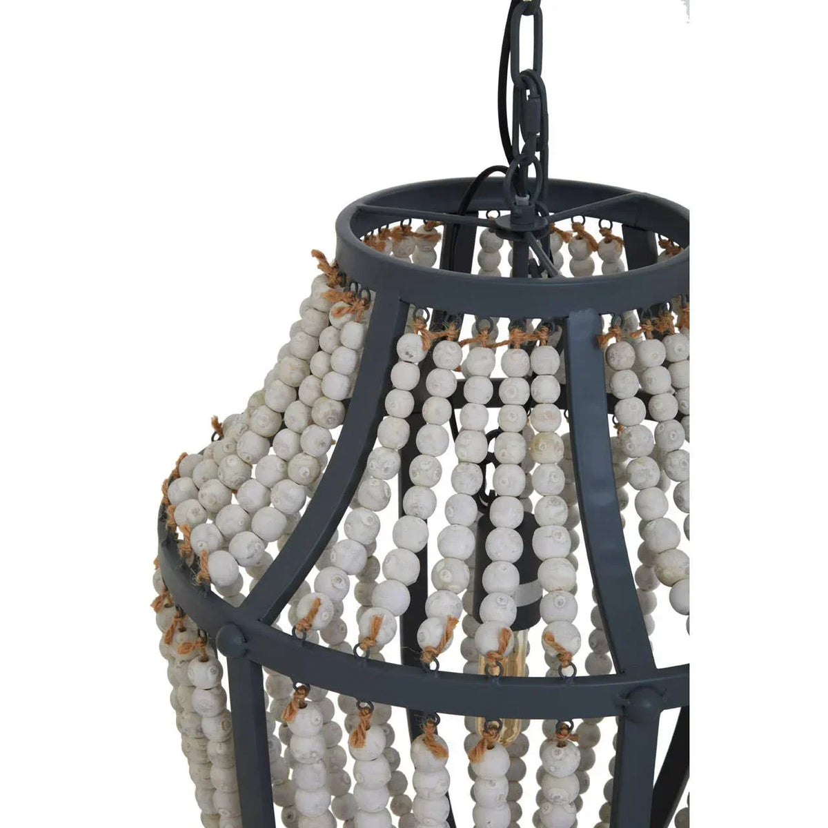 White beaded chandelier with metal frame in dark grey finish, close-up view