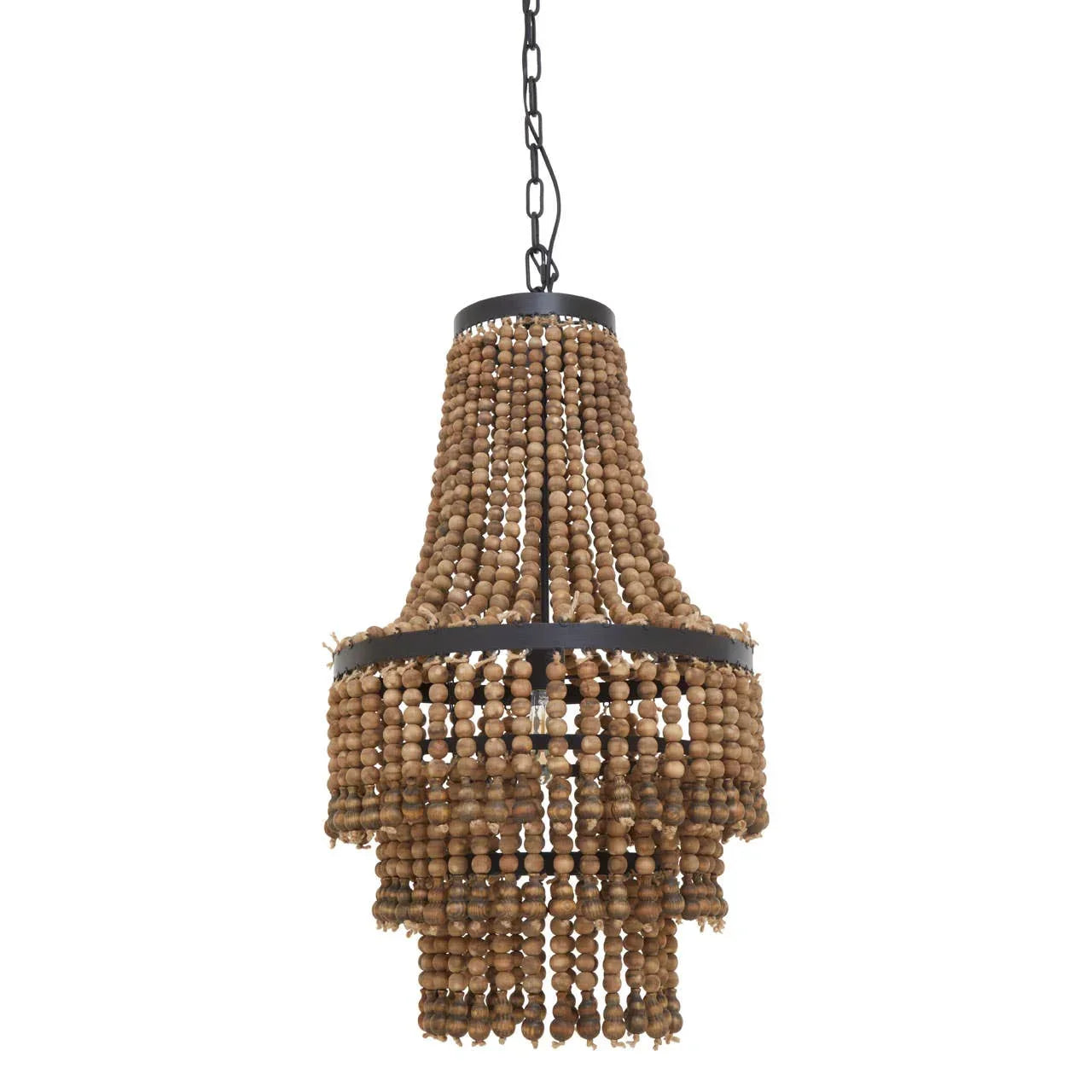 Wood bead chandelier with tiered design and black metal frame hanging by chain