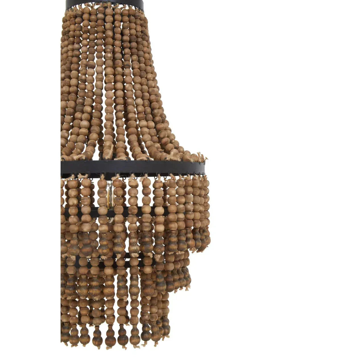 Wood bead chandelier pendant with black metal frame in close-up view