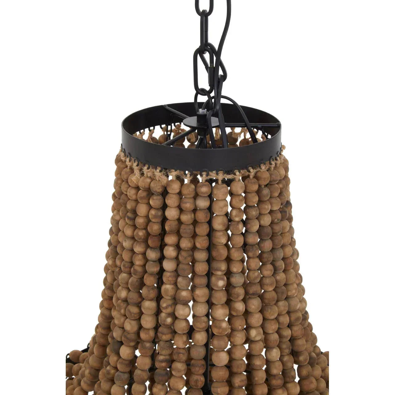 Wood bead chandelier with black metal frame and hanging chain, close up view