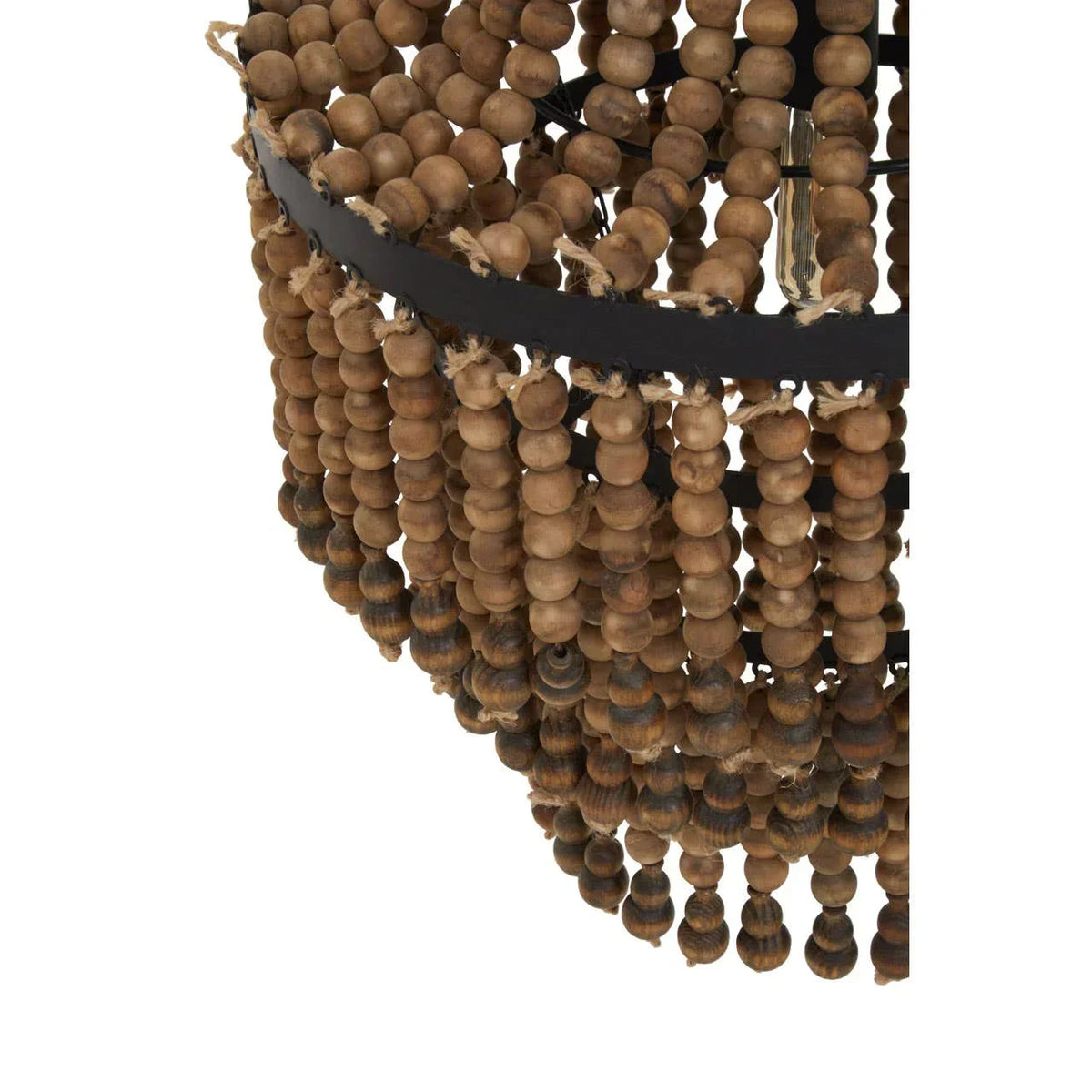 Close-up of wooden bead chandelier with black metal frame and hanging strands