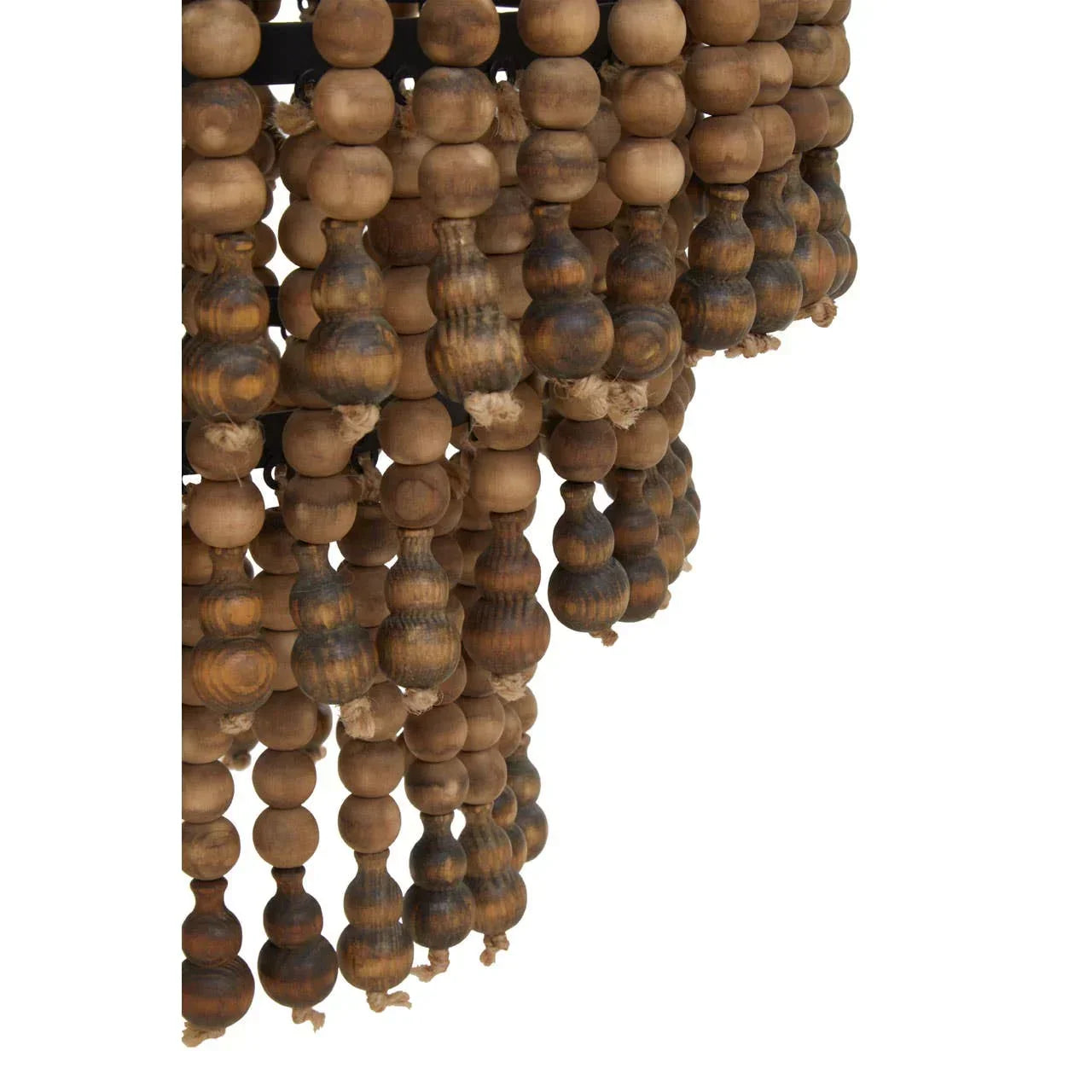 Close-up of wooden bead chandelier with natural brown tones and rope accents