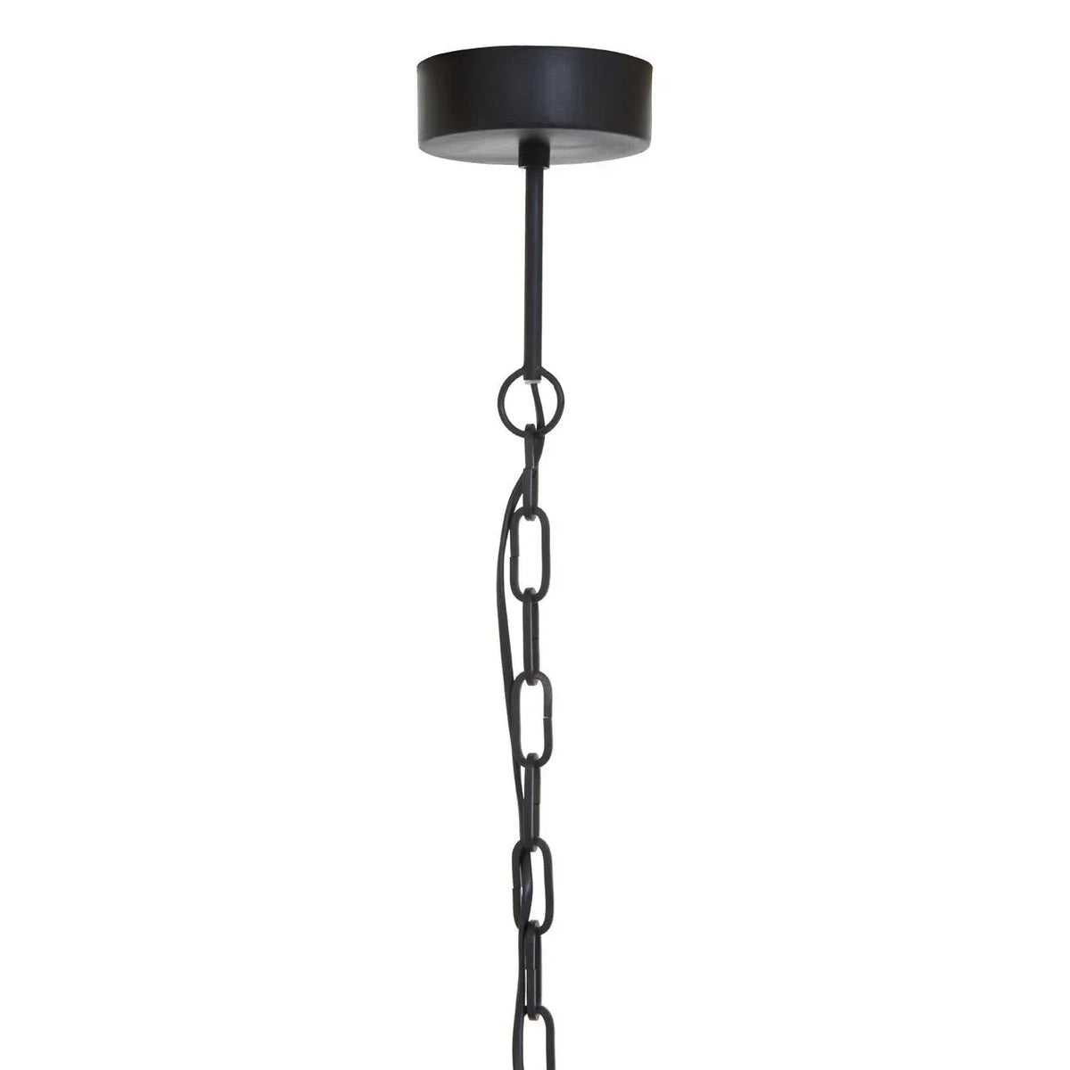 Black metal ceiling light chain with round ceiling rose, close-up view