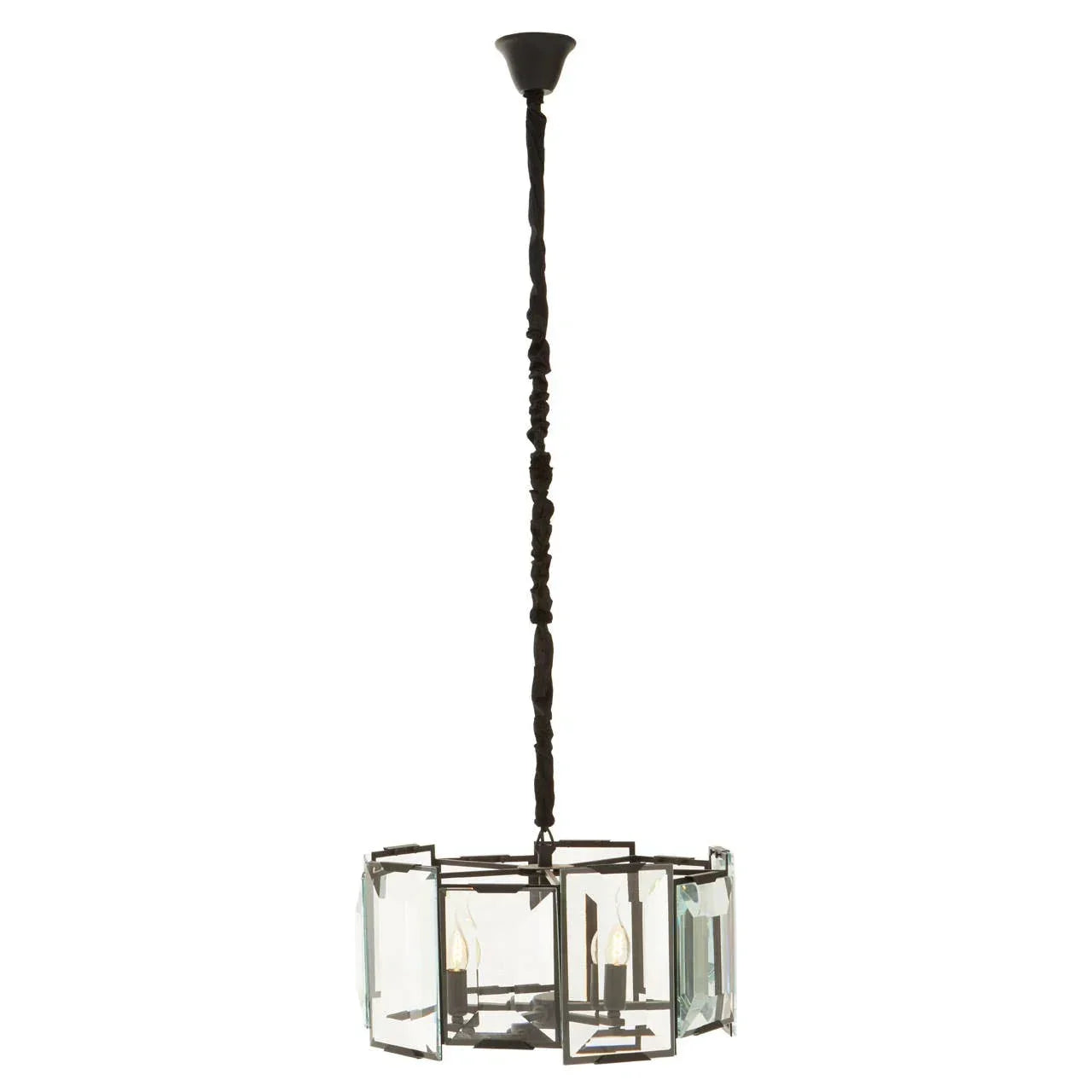 Modern glass and metal pendant ceiling light with exposed bulbs and black chain