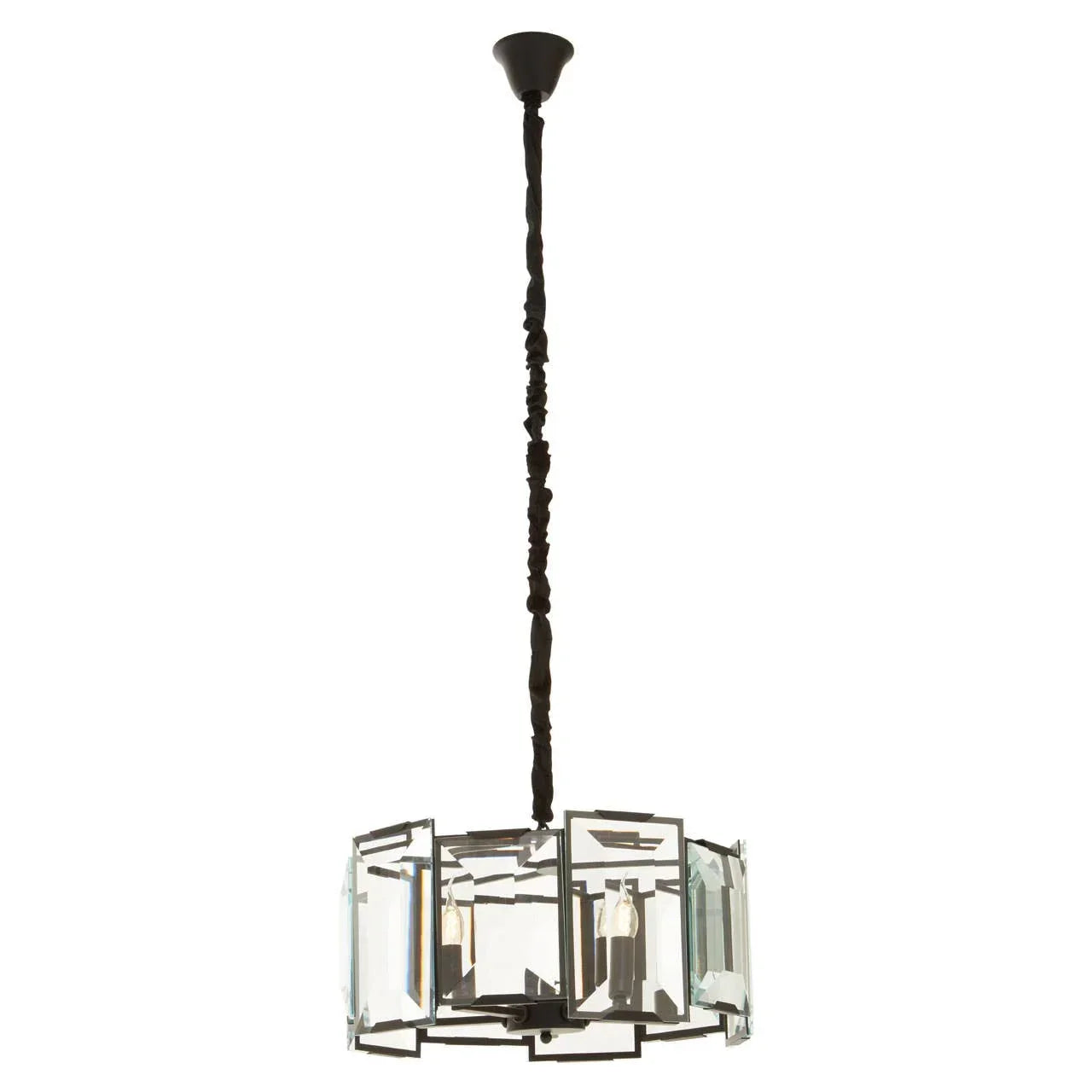 Modern glass and metal pendant light with geometric frame and exposed bulbs