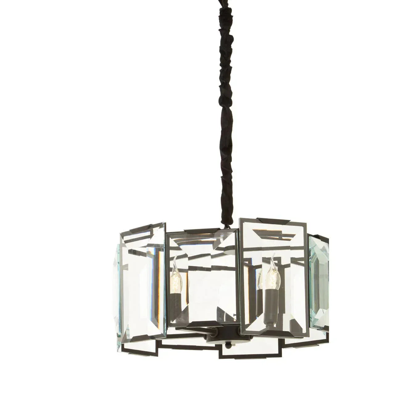 Modern crystal pendant light with rectangular glass panels and black metal frame