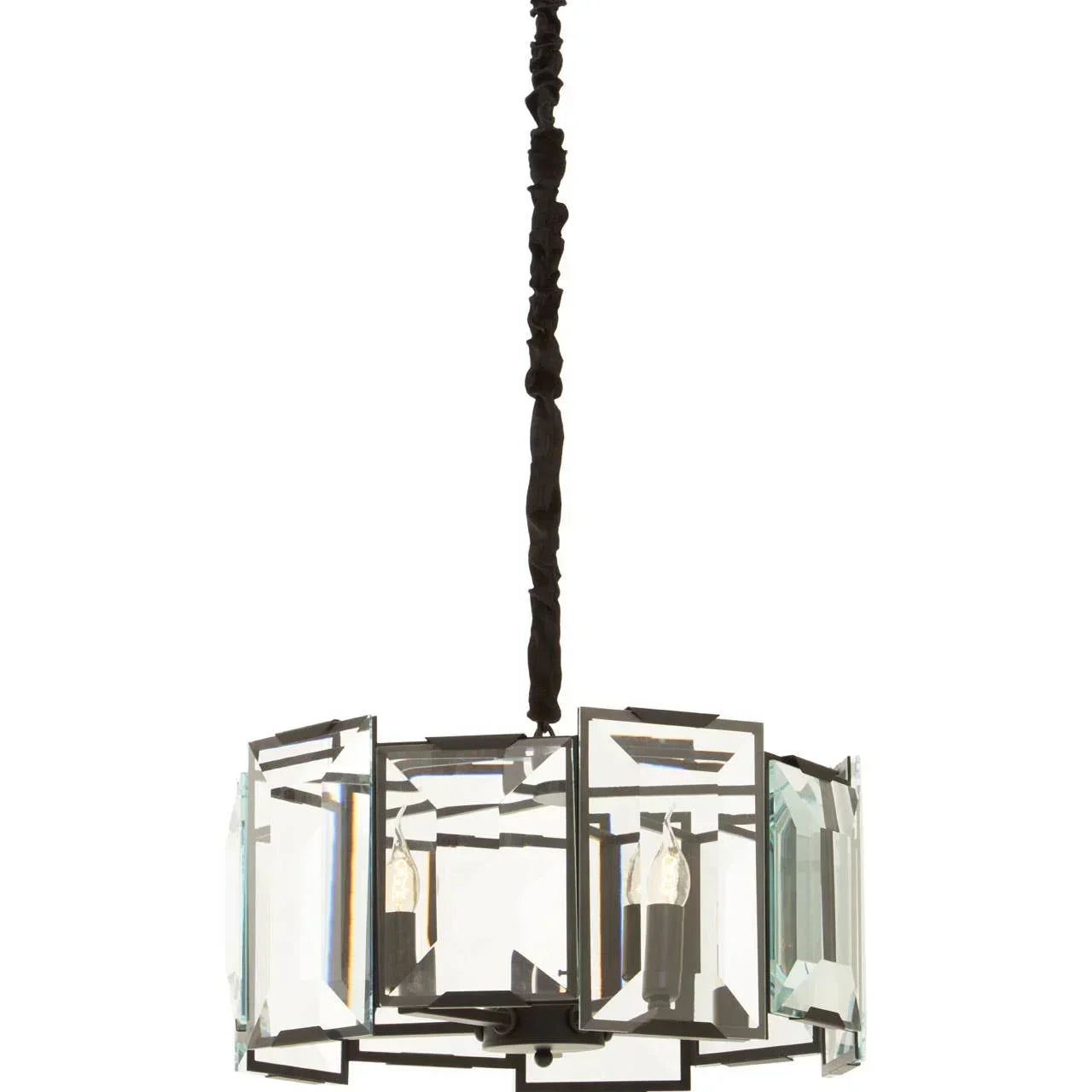 Contemporary crystal pendant light with geometric glass panels and black metal frame hanging