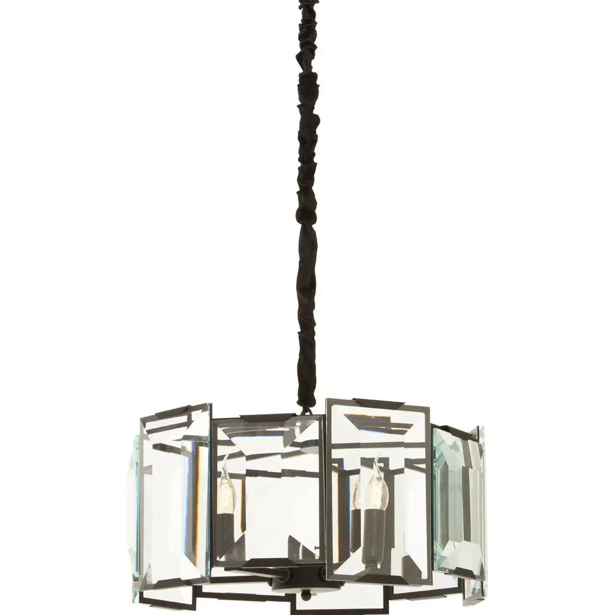 Contemporary crystal pendant light with geometric glass panels and black metal frame hanging