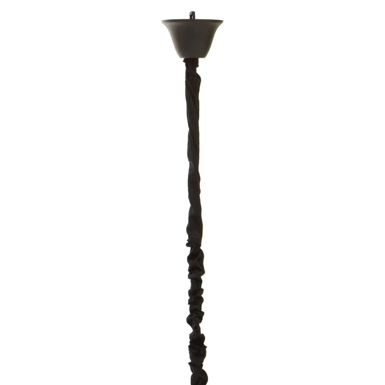 Black ceiling pendant light cable cover with gathered fabric design