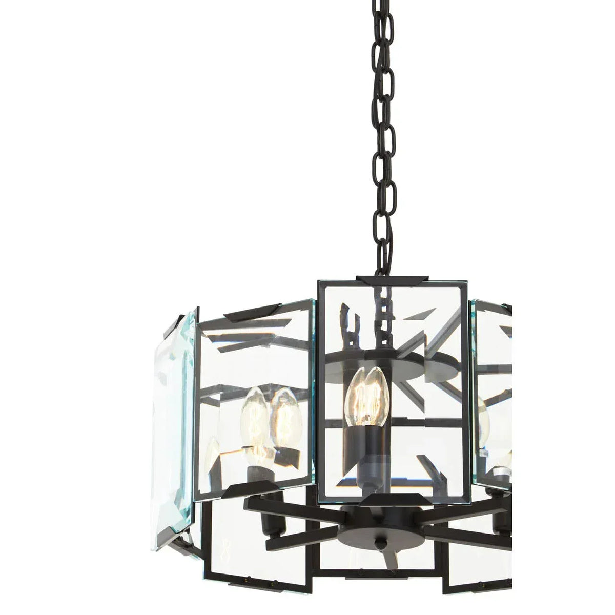 Black metal and glass pendant chandelier with exposed bulbs and geometric panels