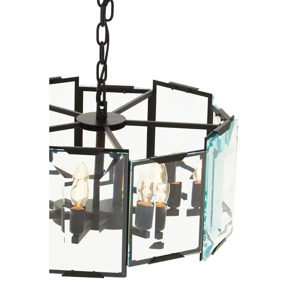 Modern glass panel chandelier with black metal frame and exposed bulbs