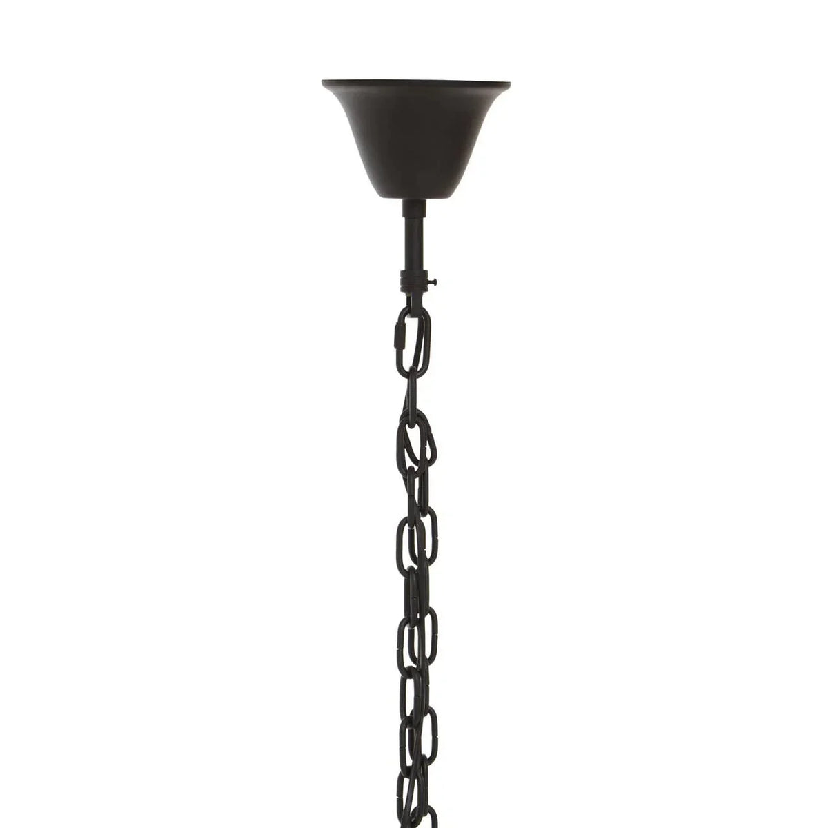 Black metal ceiling pendant light chain with cup mount against white background