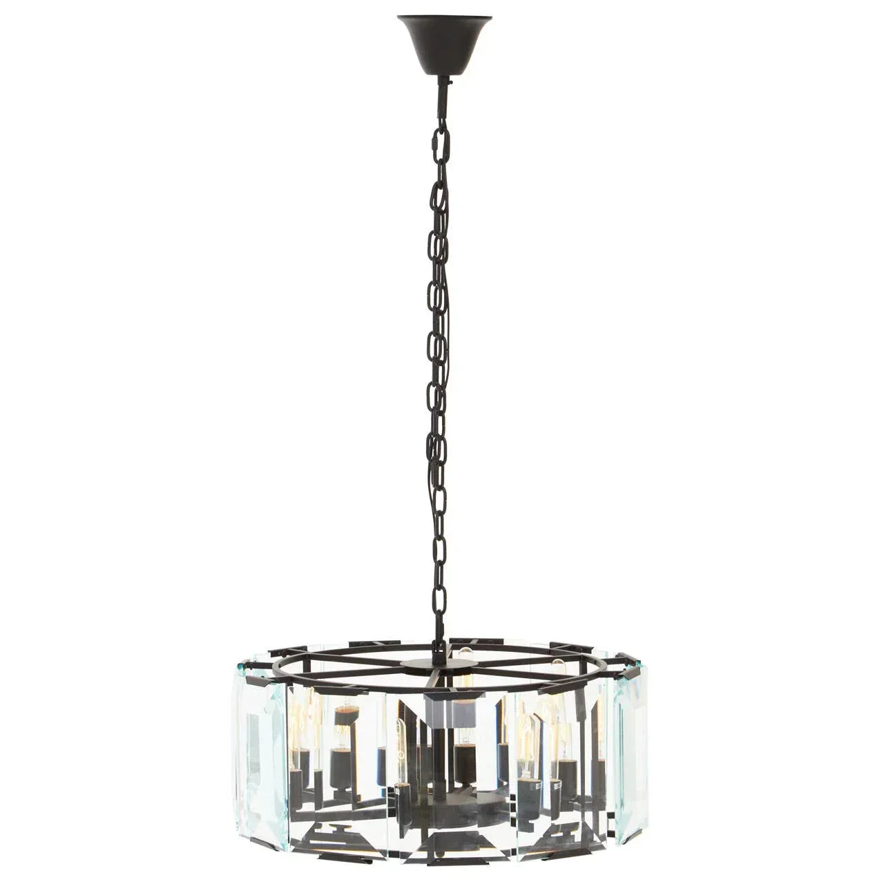Black metal chandelier with circular crystal glass frame and exposed bulbs