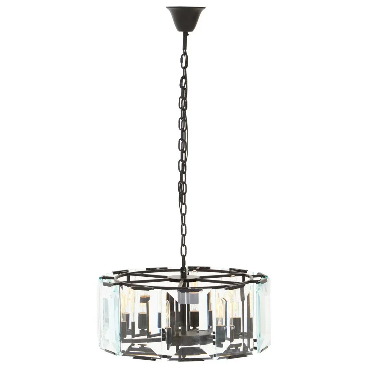 Black metal and glass pendant ceiling light with drum shade and exposed bulbs