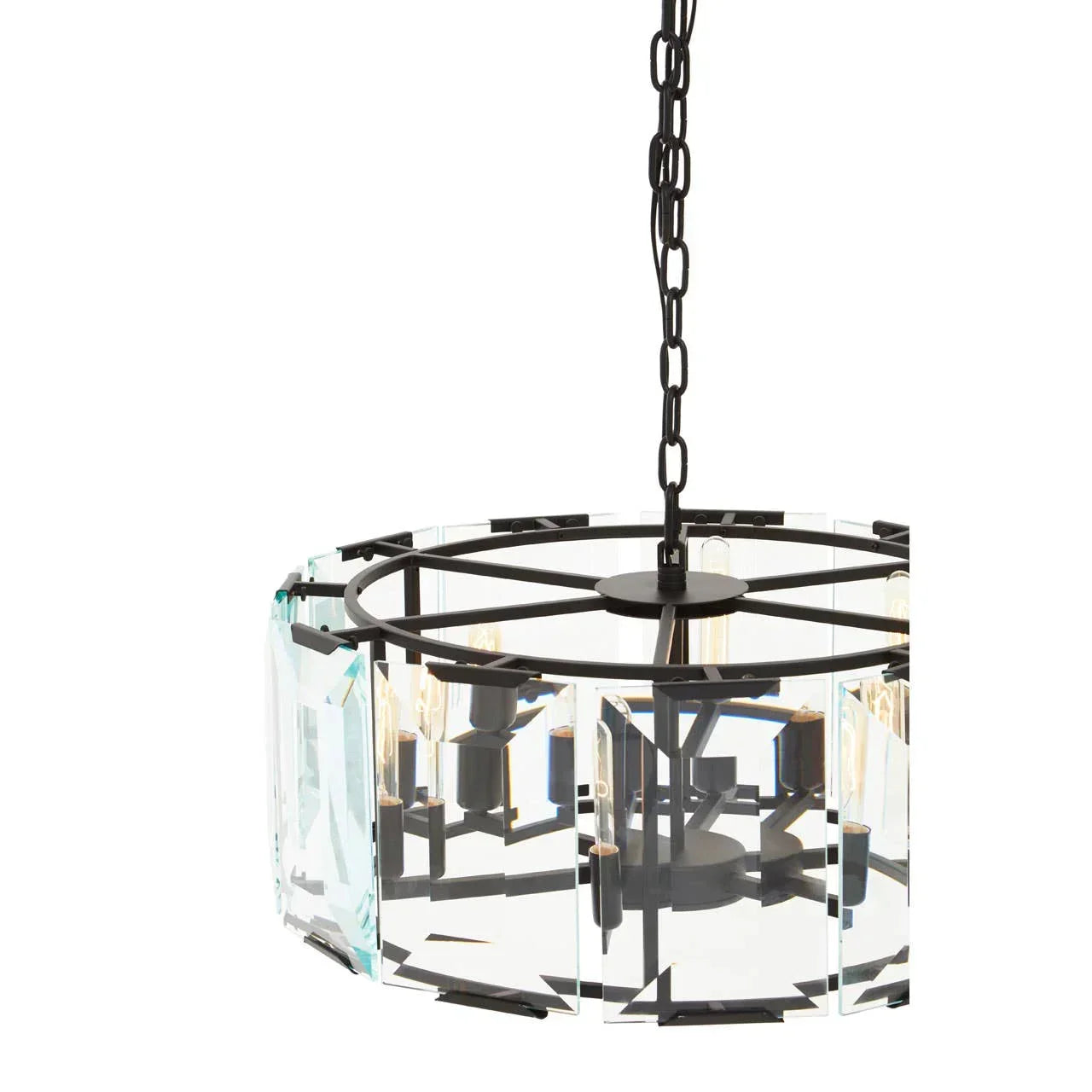 Black metal chandelier with clear glass panels and chain suspension, modern lighting fixture