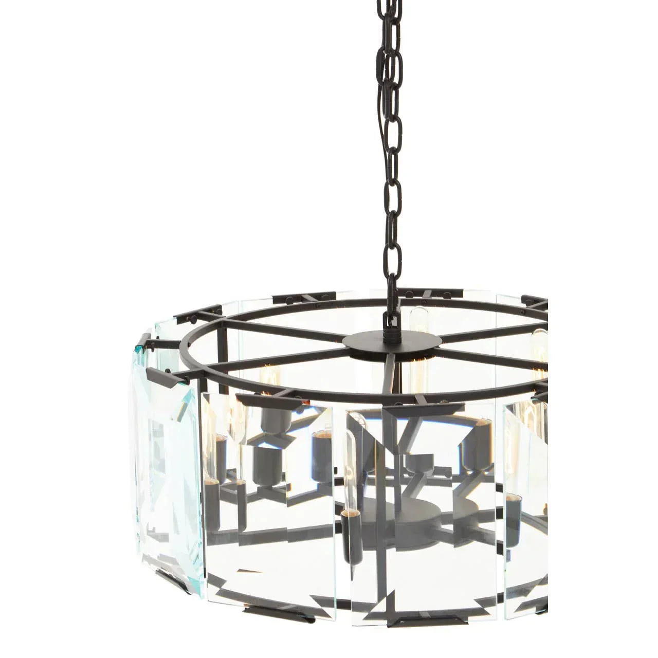 Black metal chandelier with clear glass panels hanging by chain