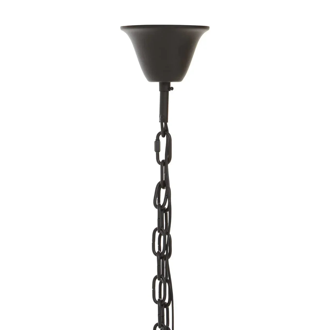 Black pendant light chain with dark ceiling rose, photographed close up
