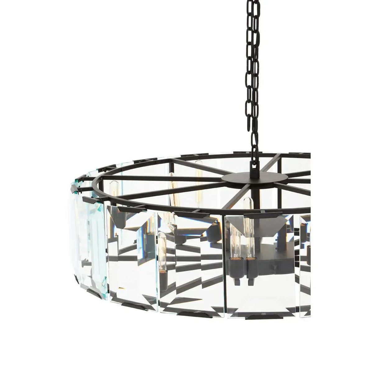 Round crystal chandelier with black metal frame and exposed bulbs on hanging chain