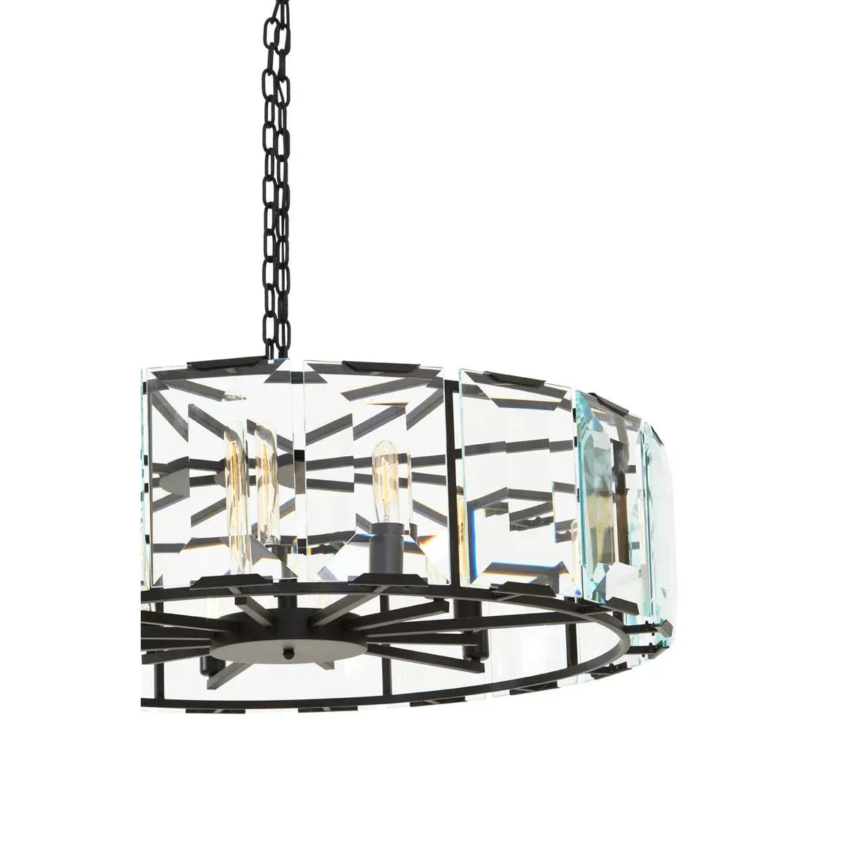 Round crystal pendant light with black metal frame and exposed bulbs